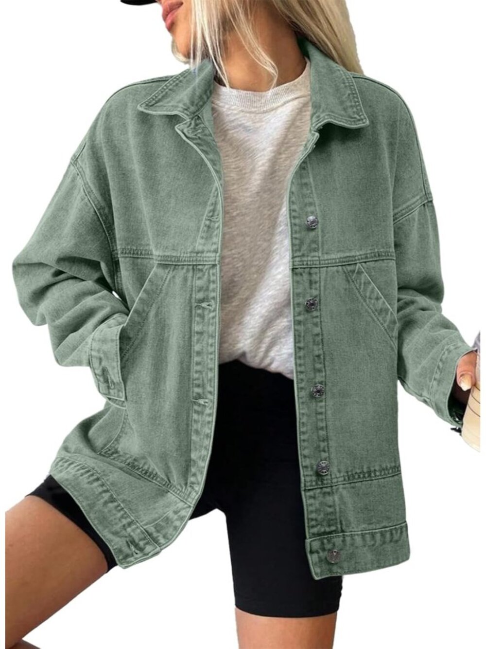 Women's Grass Green Casual Long Sleeve Drop Shoulder Button Front Jean Jacket